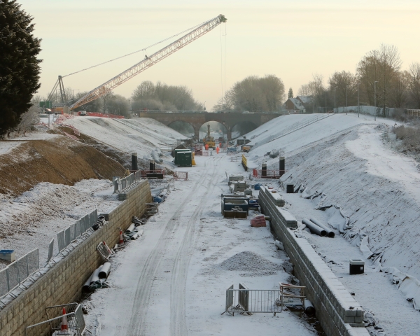Platform foundations being laid in the snow at Winslow station as part of the East West Rail project.jpg