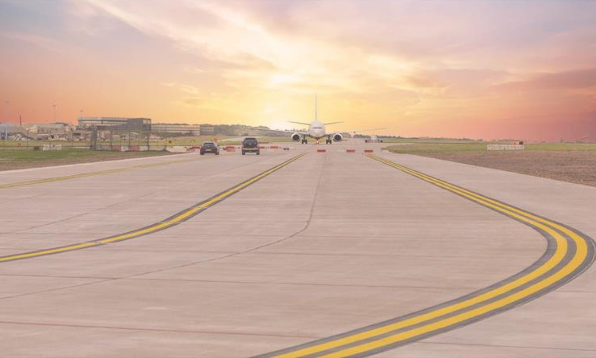 Looking down a runway, with a plan in the distance at sunset